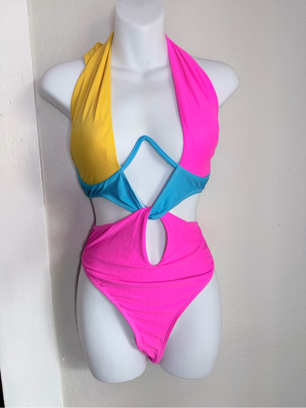Vibrant Multi Color Color block cutout one Piece XL
